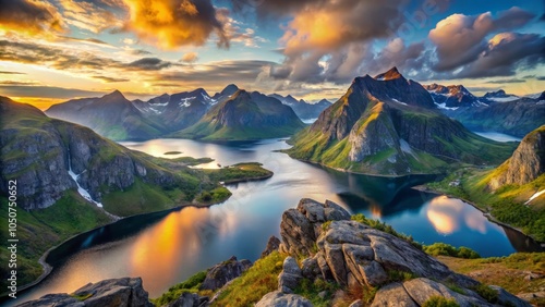 Scandinavian fjord and lake Krokvatnet in nordic summer sunrise, peaceful nature seascape with mountains and dramatic clouds, Moskenesoey, Lofoten, Nordland, Norway, Europe