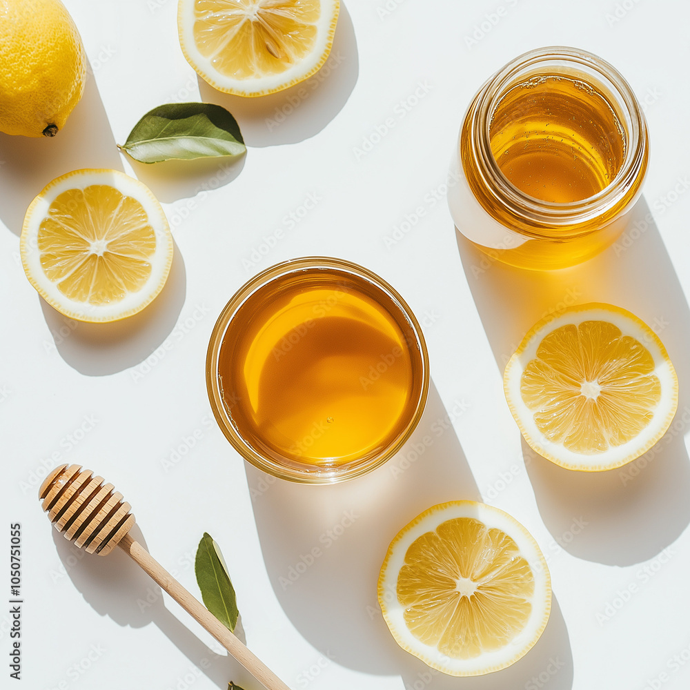 Honey with lemon slices, tea and honey dipper on white background Honey with lemon slices, tea and honey dipper on white background