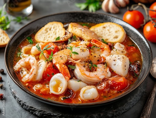 Cacciucco. The most popular Italian dishes. Hearty seafood stew, often with pieces of fish and shellfish in a rich broth.  photo