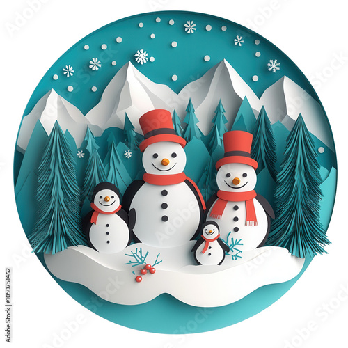 Charming paper cut snowmen with festive hats and scarves in a winter landscape, surrounded by pine trees and snowflakes. photo