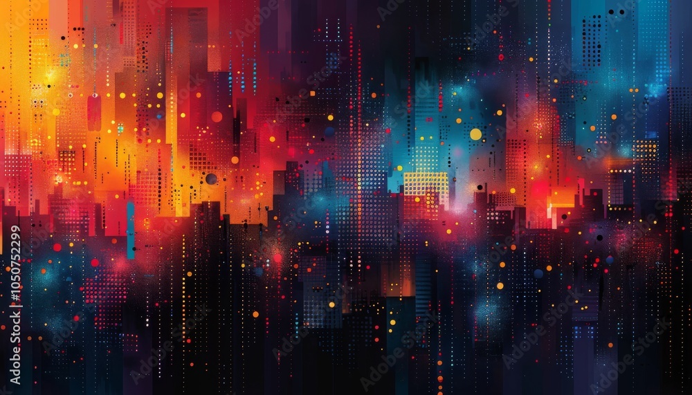 Abstract cityscape in vibrant colors, featuring dots and lines, conveying a modern, futuristic mood. Technology concept Abstract cityscape in vibrant colors, featuring dots and lines, conveying a modern, futuristic mood. Technology concept