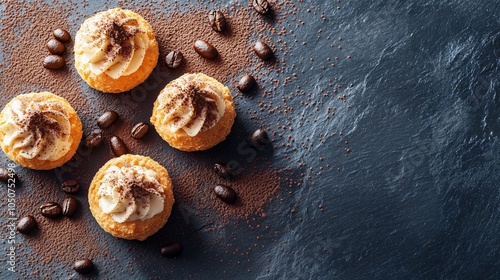 Profiteroles with a light coffee cream filling, placed on a gray slate background, garnished with coffee beans and a dusting of cocoa powder photo