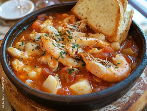 Cacciucco. The most popular Italian dishes. Hearty seafood stew, often with pieces of fish and shellfish in a rich broth.  photo