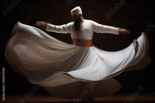 Dervish dancer in white costume spinning with grace in dim light photo