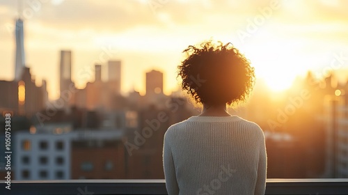 A woman standing on a rooftop at sunrise