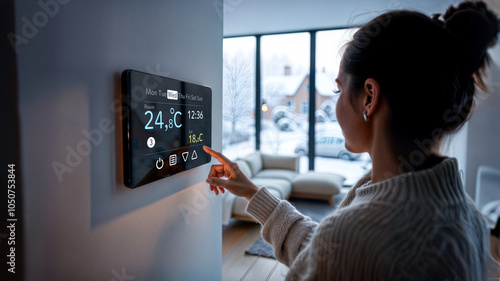 A woman lowers the temperature on a smart control panel, focusing on ecology and savings in the face of a potential energy crisis. The snowy landscape outside emphasizes the winter atmosphere.