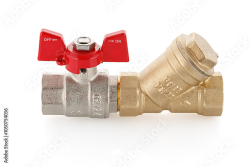 Metal ball valve with a coarse filter, with a red handle on a white background. Full depth of field.