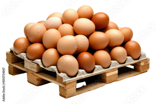 Stack of brown and white eggs on a wooden pallet, isolated on a white background. transparent background. photo