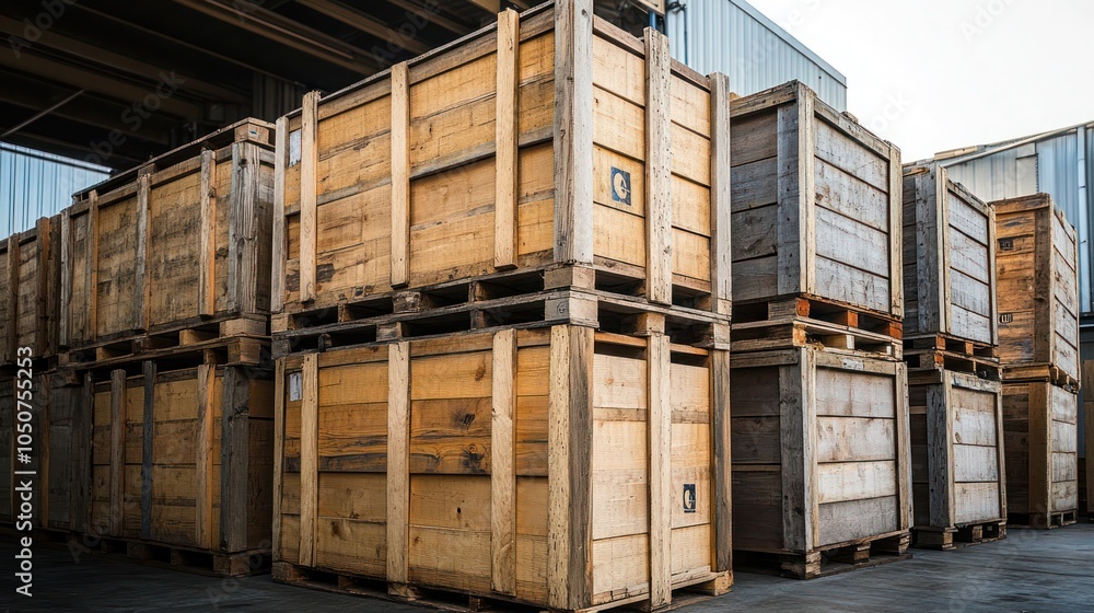 Wooden case stack in warehouse, Custom Crates for Logistics and Distribution in Clean Warehouse Interior. Wooden case stack in warehouse, Custom Crates for Logistics and Distribution in Clean Warehouse Interior.