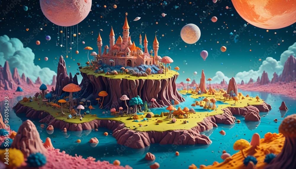 A captivating dreamscape crafted from colorful clay, featuring floating islands, sparkling stars, and whimsical creatures exploring a surreal atmosphere, Generative AI A captivating dreamscape crafted from colorful clay, featuring floating islands, sparkling stars, and whimsical creatures exploring a surreal atmosphere, Generative AI