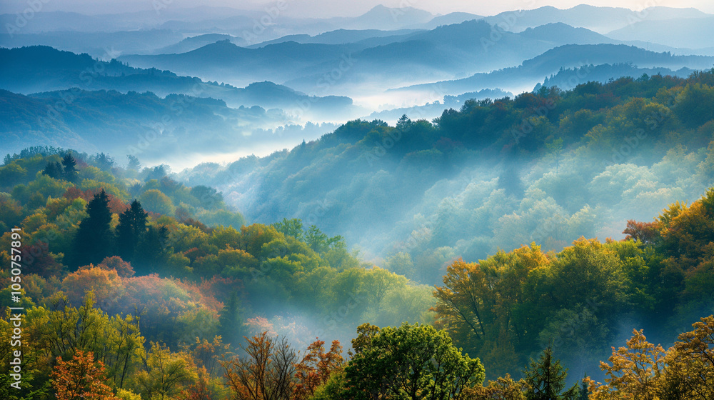 Naklejka premium Balkan forest, Mountainous terrain covered in lush forests, Misty morning light, Layers of green and blue hues, Tranquil and majestic landscape