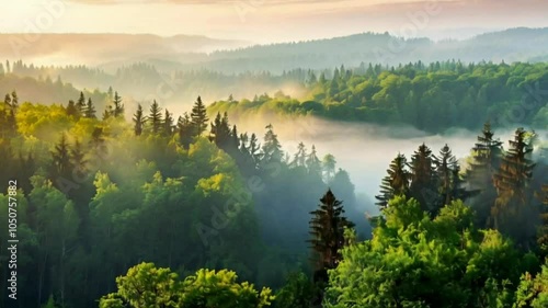 forest view from above with beautiful natural mist