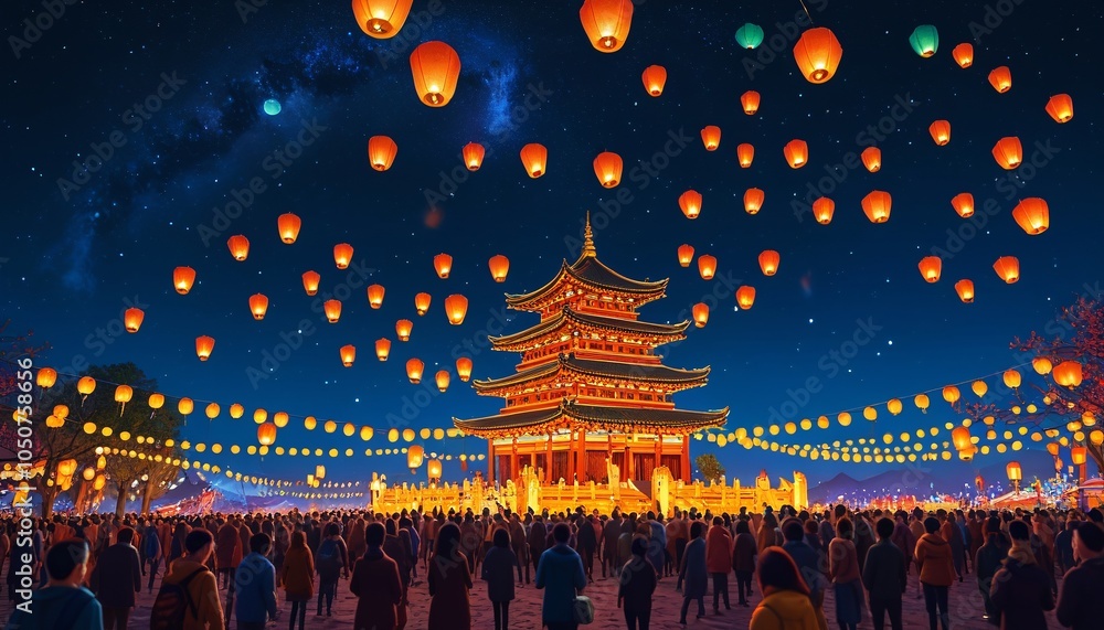 A magical lantern festival made from bright modeling clay, featuring glowing lanterns floating in the night sky, colorful decorations, and joyful participants celebrating together, Generative AI A magical lantern festival made from bright modeling clay, featuring glowing lanterns floating in the night sky, colorful decorations, and joyful participants celebrating together, Generative AI