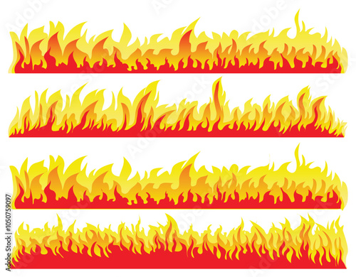 Set of fires icon collection. Flame line border isolation. Illustration of orange burning strip. Fire blazing banner, flammable element. Cartoon campfire, fire flames, heat wildfire, red fiery flames