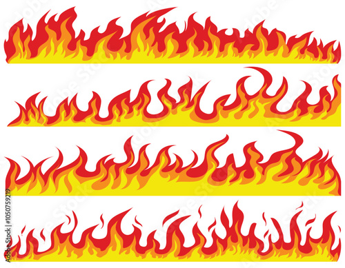 Set of fires icon collection. Flame line border isolation. Illustration of orange burning strip. Fire blazing banner, flammable element. Cartoon campfire, fire flames, heat wildfire, red fiery flames