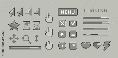 Pixel buttons and icons video game menu elements. Perfect Pixel PC interface cursors for game menu, app ui interface. Dowload bar and Levels start menu. 8-bit . Vector set