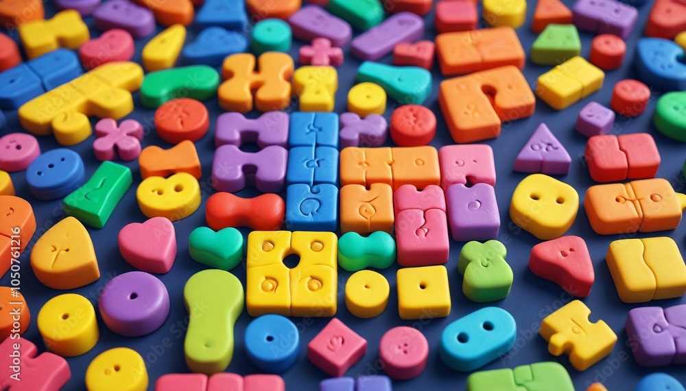 Naklejka premium A playful puzzle crafted from colorful plasticine, featuring fun shapes and characters that engage children and promote creativity through interactive play, Generative AI