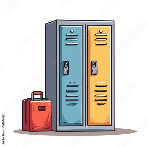 School lockers with luggage vector illustration in blue and yellow, student storage design