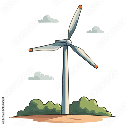 Wind turbine landscape vector illustration with clouds and bushes,  