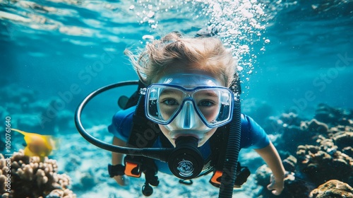 Wallpaper Mural A young explorer child diving with marine life, conducting underwater research with scuba gear Torontodigital.ca