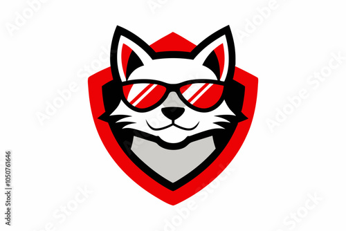 Cat head mascot with red sunglasses vector logo design vector illustration with shield on white.