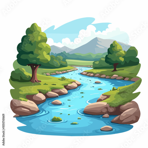 Forest stream vector illustration with rocks and mountain view