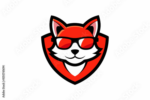 Cat head mascot with red sunglasses vector logo design vector illustration with shield on white.