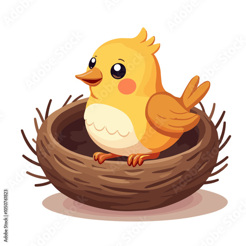 Cute baby bird vector illustration in nest, kawaii style animal character