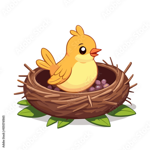 Yellow chick vector illustration in nest with leaves, spring theme