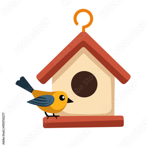 Hanging birdhouse vector illustration with bird, nature design