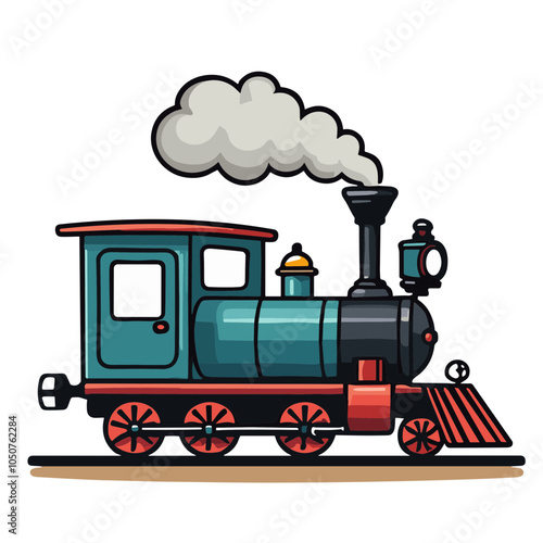 Teal vintage locomotive vector illustration with smoke, railway design