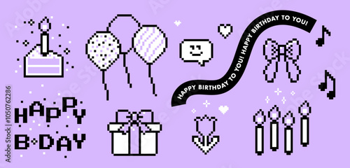 Happy Birthday elements collection. Pixel art. Present, ballon, holiday, party icon set. Y2k trendy playful pixel stickers. Mood of 90's aesthetics. 8-bit retro style vector shape for collage, poster