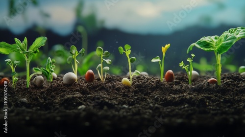 A dramatic visual of diverse seeds being sown into a single, rich soil bed, with a range of sprouting plants emerging photo