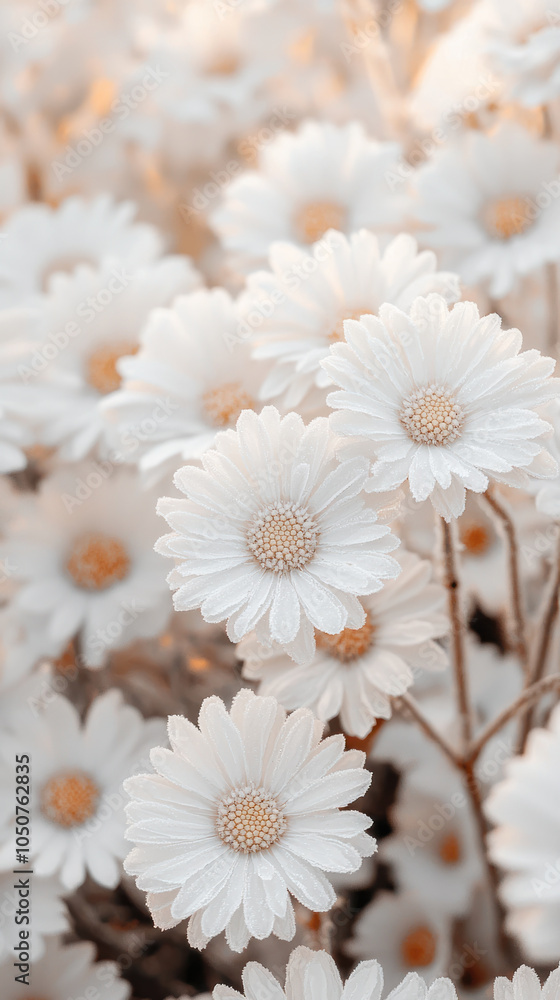 Obraz premium Delicate white daisies in full bloom create serene and tranquil atmosphere, showcasing intricate details and soft textures that evoke sense of peace and beauty
