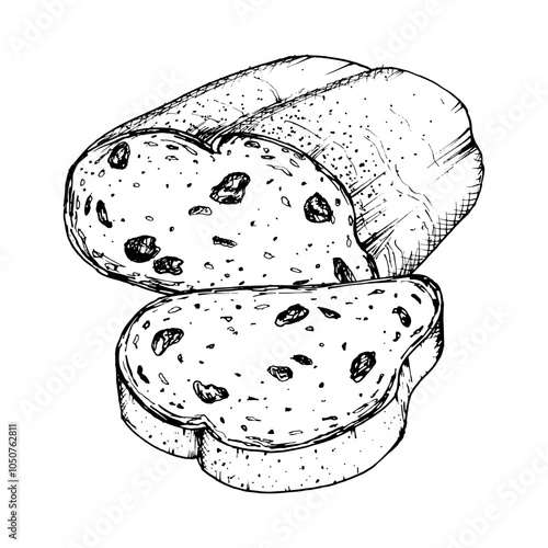 Vector illustration of sliced raisin bread with detailed texture. Ideal for bakery design, recipe book, food packaging or breakfast themed projects. Traditional Christmas stollen cake, new year cake