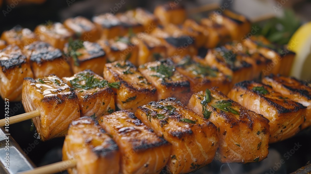 A close-up shot of grilled salmon skewers from a Swedish street food vendor, served with fresh herbs and lemon, capturing its smoky and fresh appeal. A close-up shot of grilled salmon skewers from a Swedish street food vendor, served with fresh herbs and lemon, capturing its smoky and fresh appeal.