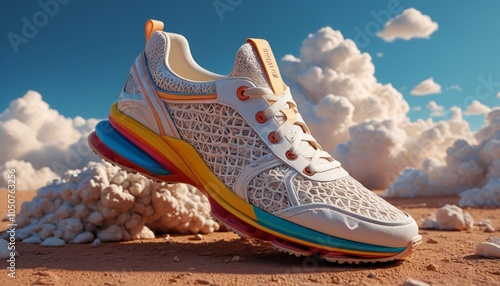 An imaginative pair of shoes made from bright modeling clay, featuring clouds instead of laces, allowing the wearer to walk on air in a surreal fashion, Generative AI