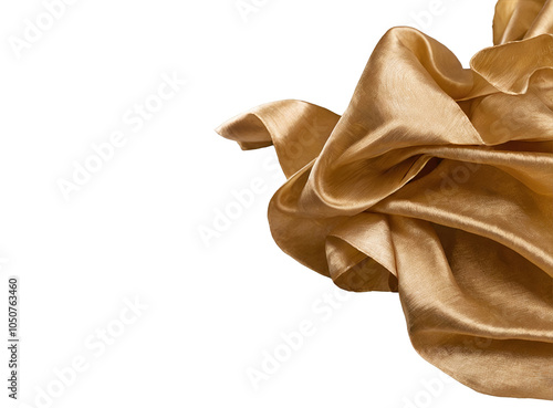 Floating elegant gold fabric, cut out, isolated on white background