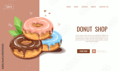 Website design for Donut Shop, bakery, pastry shop featuring a of three glazed doughnuts. Ideal for use on pastry shop websites, restaurant branding and dessert promotional materials.