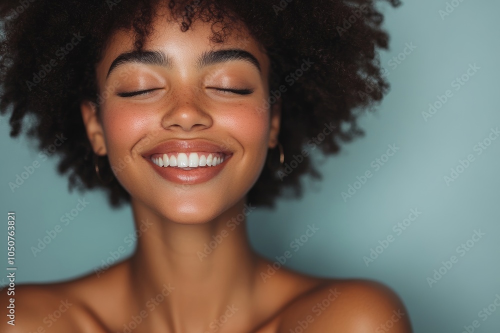 Gorgeous woman with Afro hair smiling happily in a studio, Generative AI Gorgeous woman with Afro hair smiling happily in a studio, Generative AI