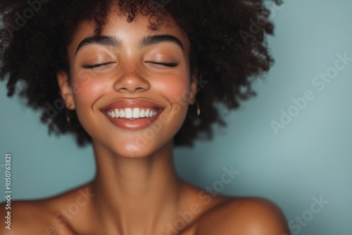 Gorgeous woman with Afro hair smiling happily in a studio, Generative AI