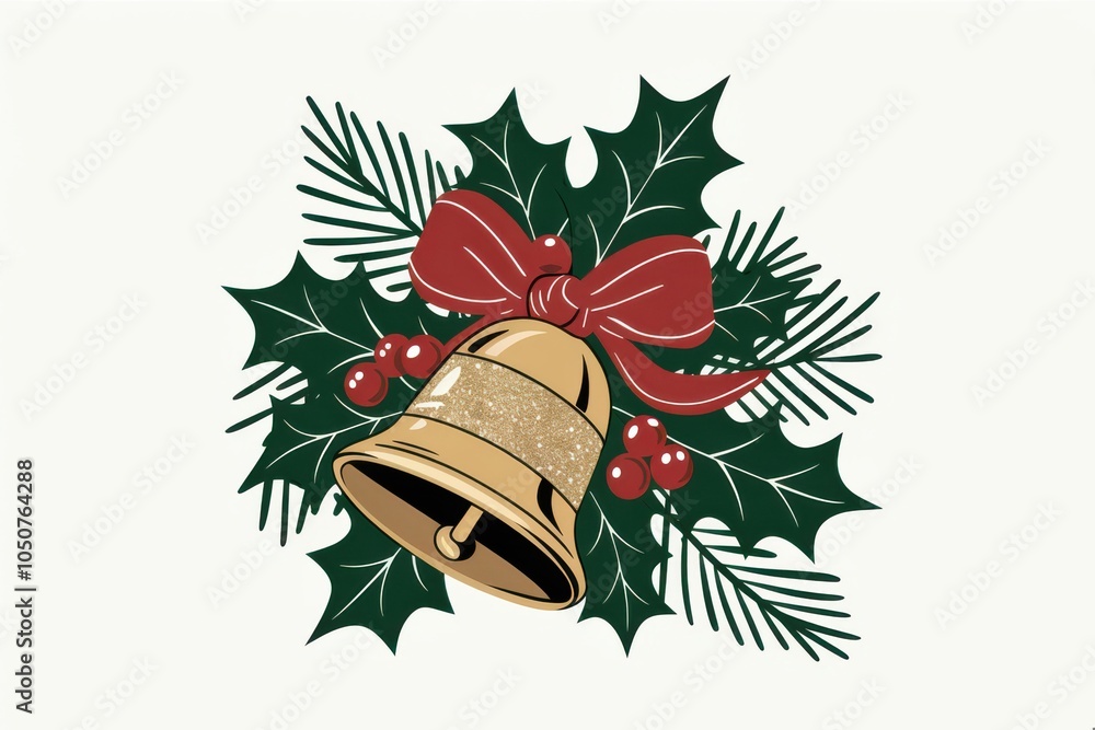 Obraz premium Golden Christmas Bell Holly Red Bow - Festive Holiday Decoration Greeting Cards, Marketing Materials, Seasonal Celebrations