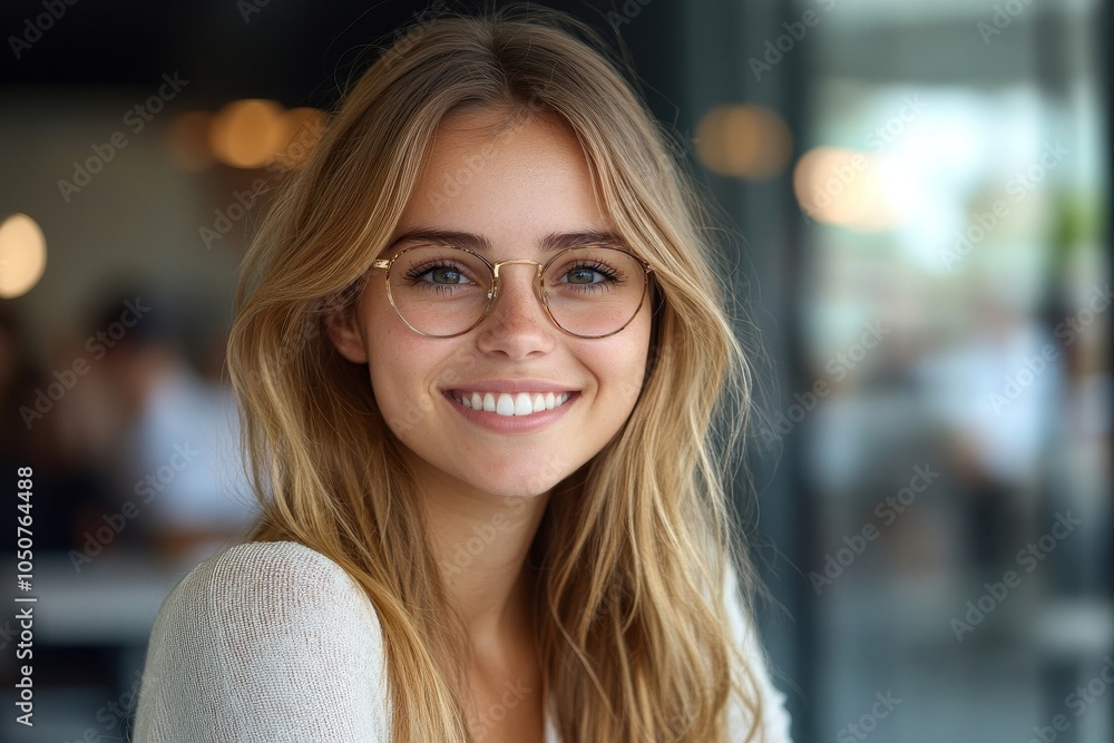 Happy young businesswoman smiling at the camera in an office, Generative AI Happy young businesswoman smiling at the camera in an office, Generative AI