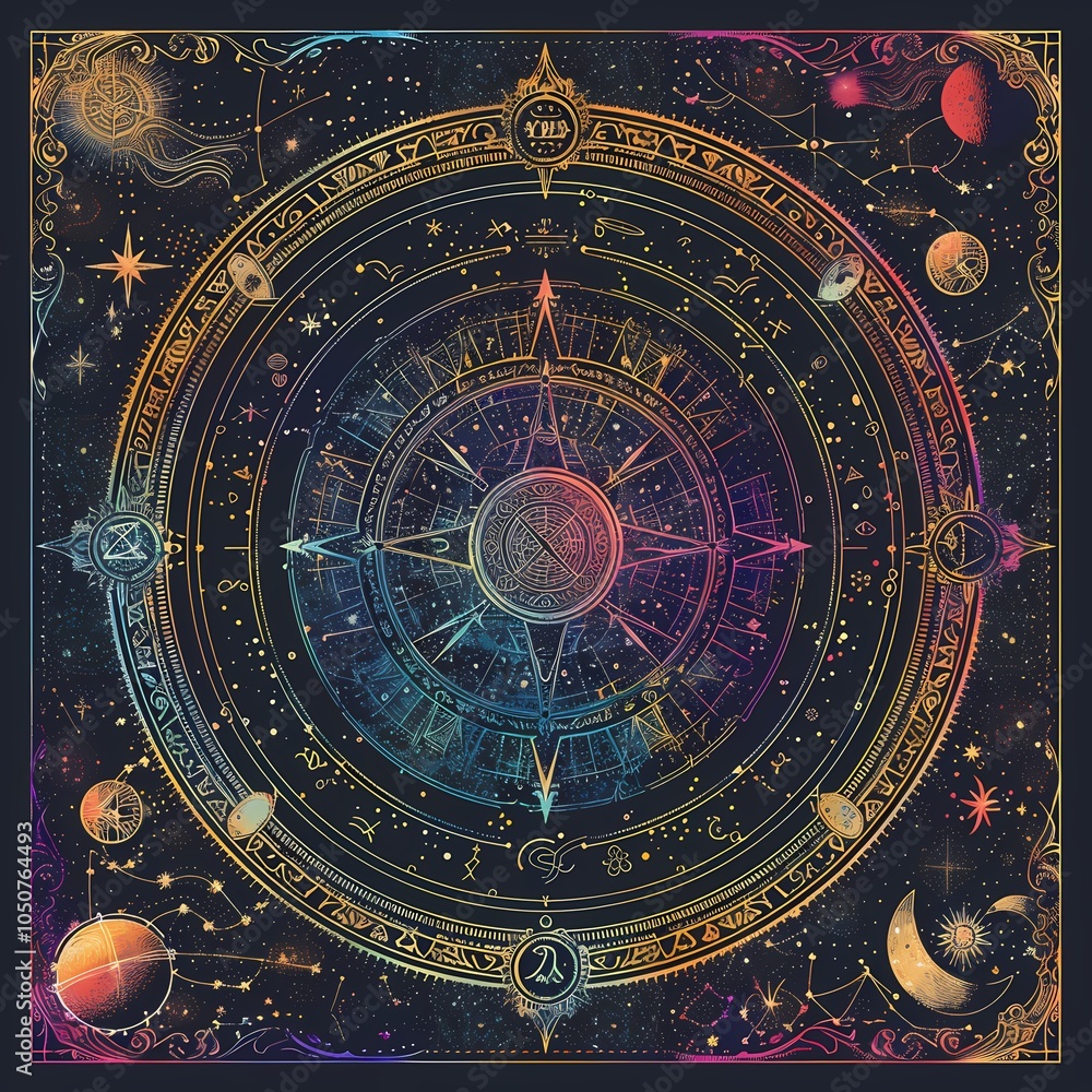 Fototapeta premium Intricate zodiac wheel design with astrological symbols set against a cosmic background