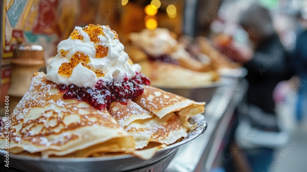 Close-up of a Swedish-style crepe filled with cloudberry jam and whipped cream, served from a street vendor, emphasizing its soft texture and vibrant filling. Close-up of a Swedish-style crepe filled with cloudberry jam and whipped cream, served from a street vendor, emphasizing its soft texture and vibrant filling.