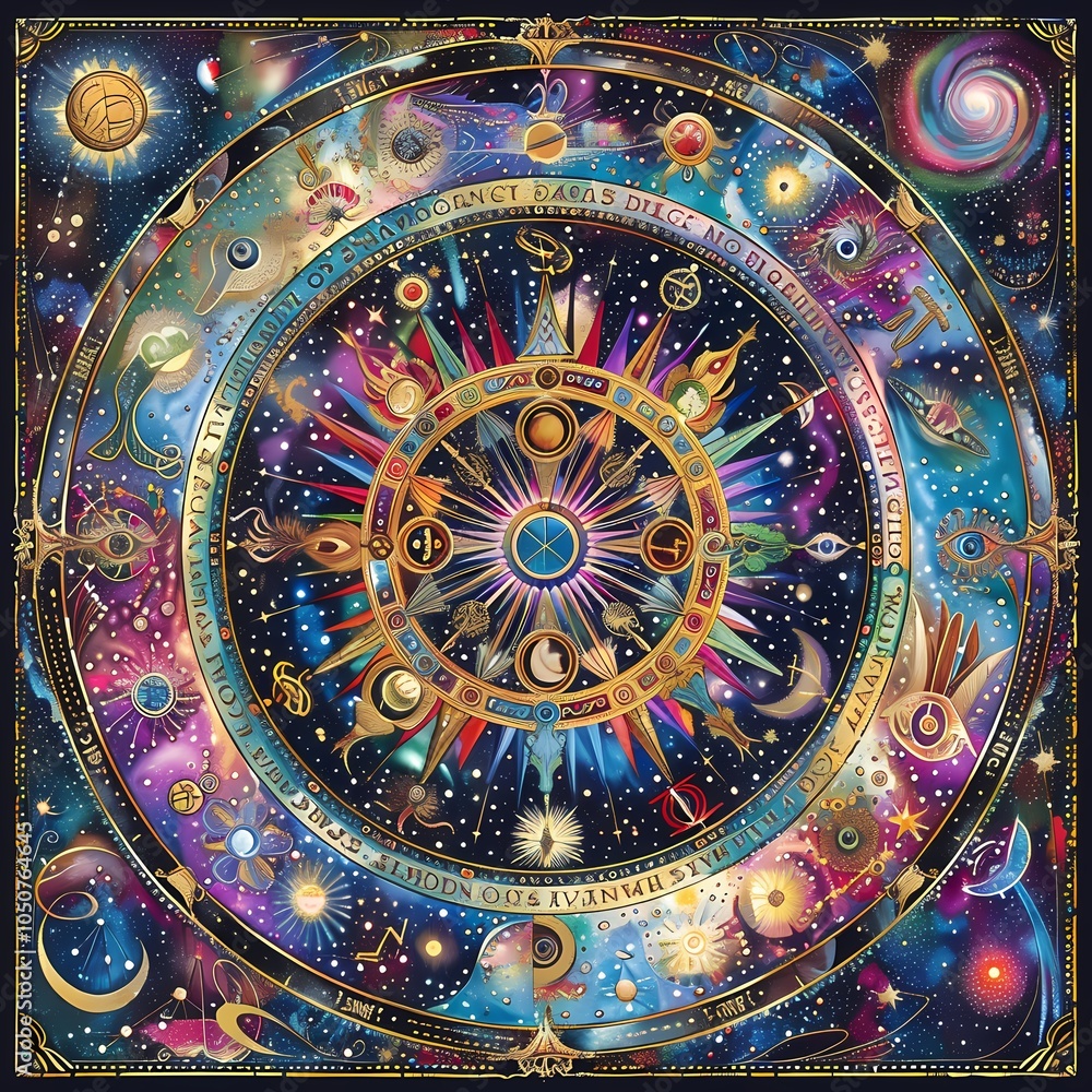 Fototapeta premium Intricate zodiac wheel design with astrological symbols against a cosmic background