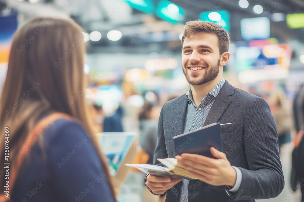 Fototapeta premium Business trip. Handsome young businessman in suit holding his passport and talking to woman at airline check in counter in the airport