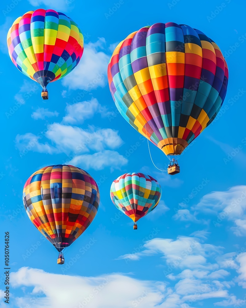 Obraz premium Colorful hot air balloons floating in a bright blue sky with fluffy clouds