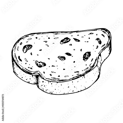 Vector illustration of sliced raisin bread with detailed texture. Ideal for bakery design, recipe book, food packaging or breakfast themed projects. Traditional Christmas stollen cake, new year cake