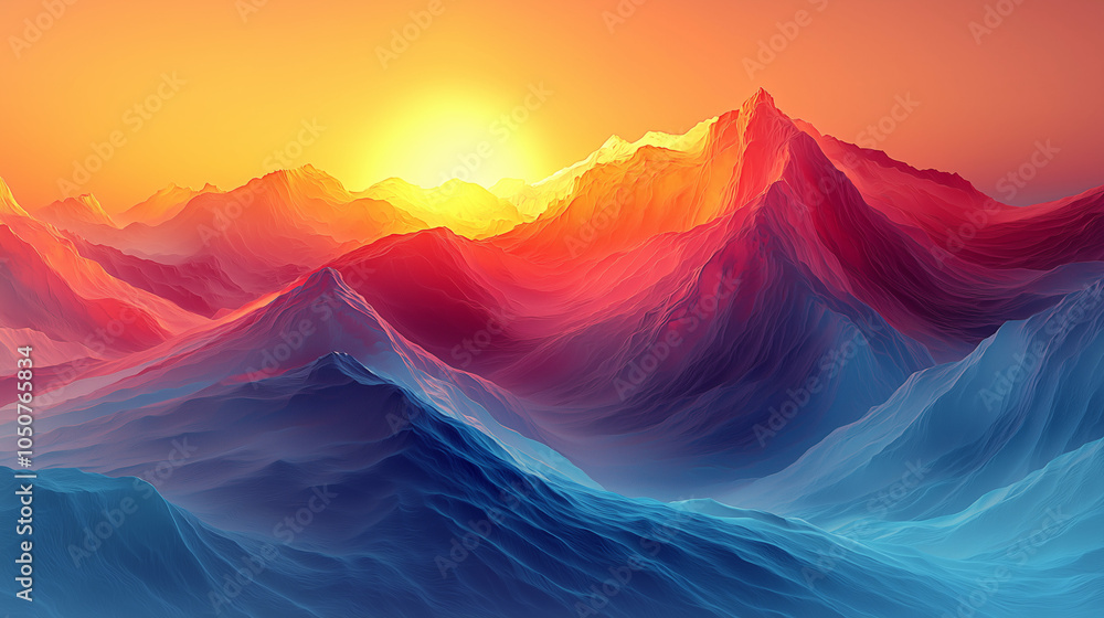 sunset casting a fiery glow over vibrant multicolored mountain ranges sunset casting a fiery glow over vibrant multicolored mountain ranges